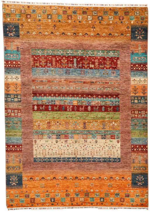 Full view of New Persian Gabbeh rug from Pakistan, 245 × 174 cm in Red tones