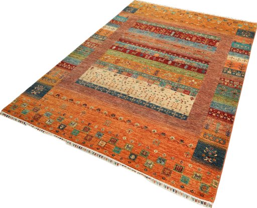 Corner detail of New Persian Gabbeh rug showing border pattern and Wool pile