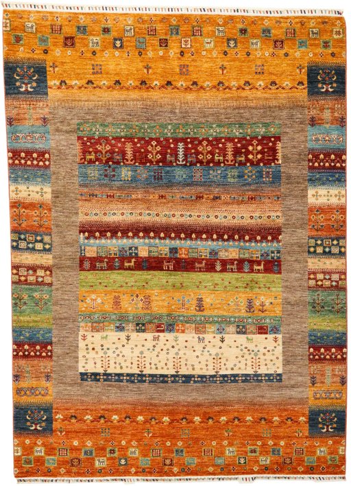 Full view of New Persian Gabbeh rug from Pakistan, 239 × 172 cm in Multi Color tones