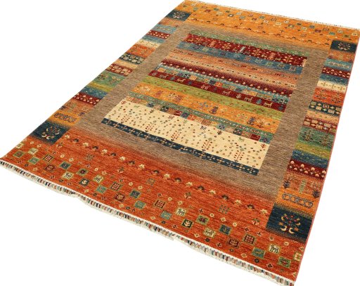 Corner detail of New Persian Gabbeh rug showing border pattern and Wool pile