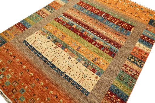 Backside of handmade New Persian Gabbeh rug showing knot structure and weave density