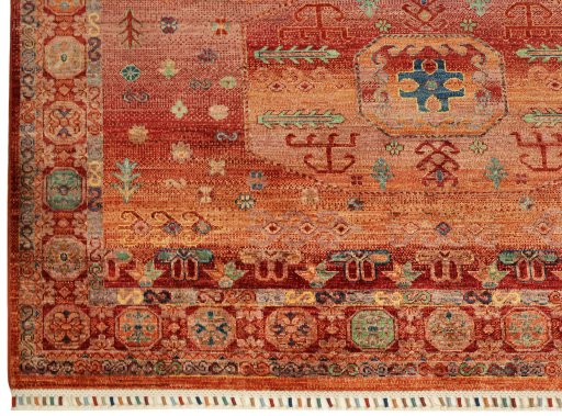 Corner detail of New Persian Gabbeh rug showing border pattern and Wool pile