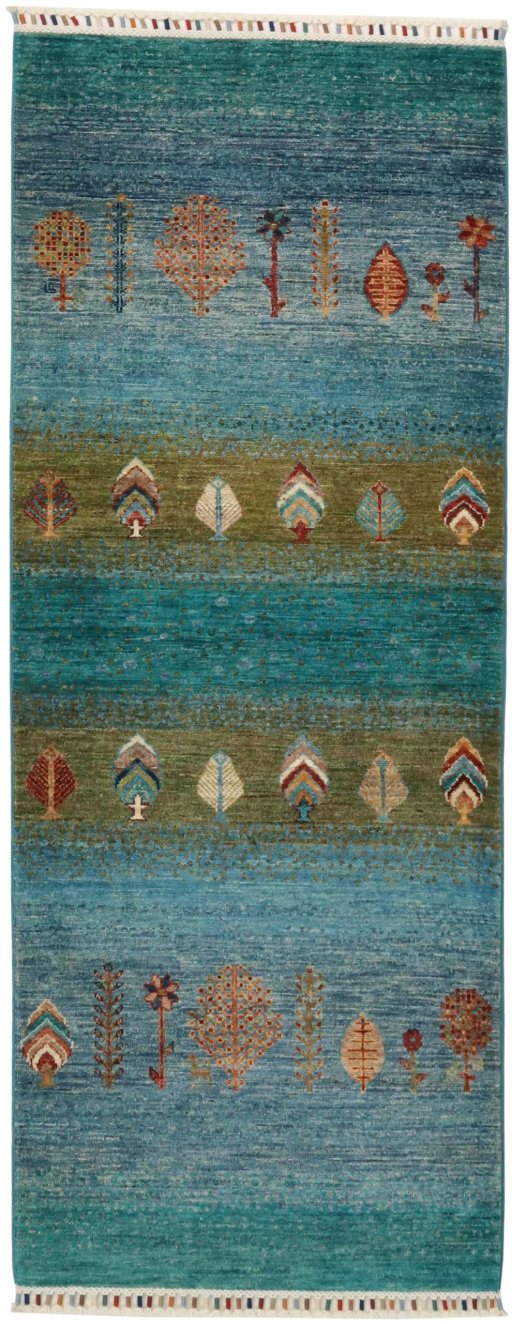 Full view of New Persian Gabbeh rug from Pakistan, 200 × 79 cm in Blue tones