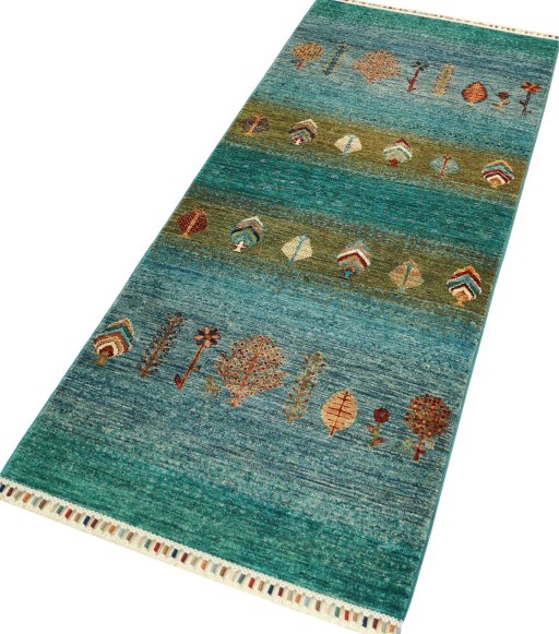 Corner detail of New Persian Gabbeh rug showing border pattern and Wool pile