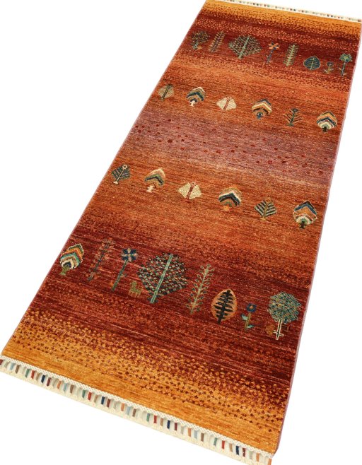 Corner detail of New Persian Gabbeh rug showing border pattern and Wool pile