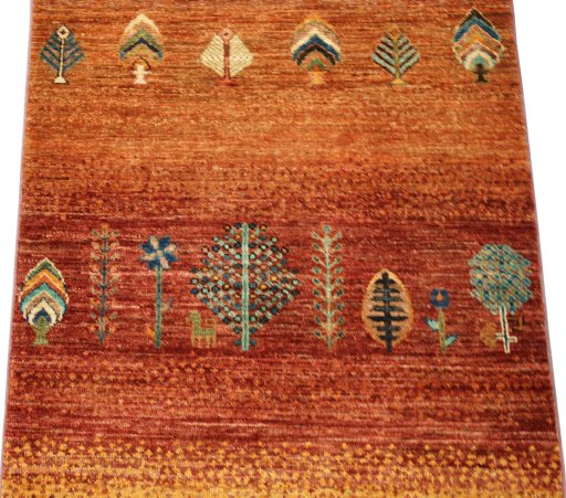 Backside of handmade New Persian Gabbeh rug showing knot structure and weave density