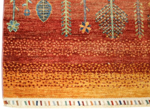 Full view of New Persian Gabbeh rug from Pakistan, 196 × 74 cm in Red tones