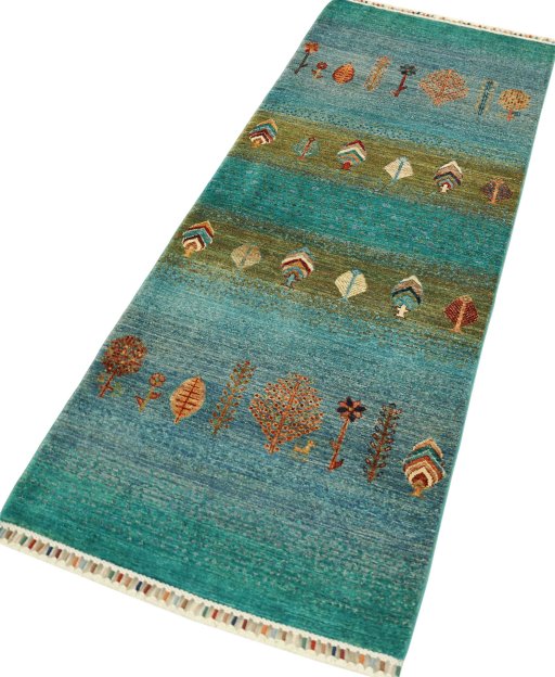 Corner detail of New Persian Gabbeh rug showing border pattern and Wool pile