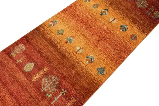 Backside of handmade New Persian Gabbeh rug showing knot structure and weave density