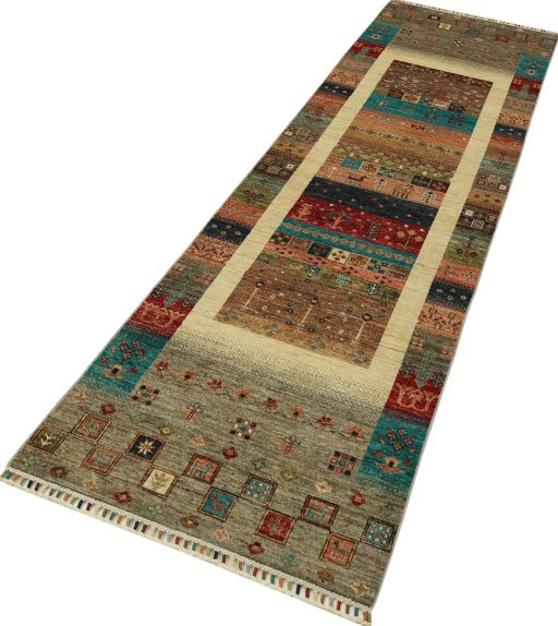 Corner detail of New Persian Gabbeh rug showing border pattern and Wool pile