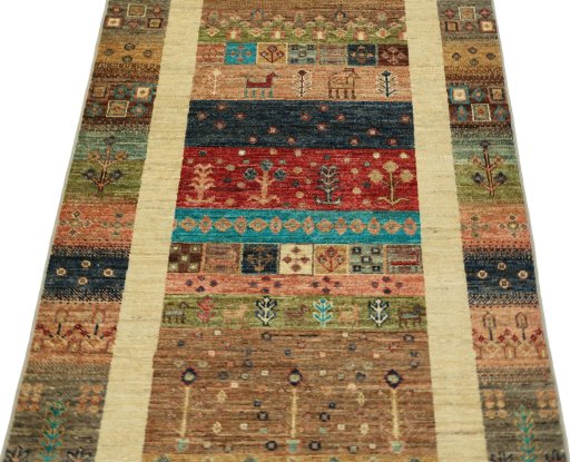 Backside of handmade New Persian Gabbeh rug showing knot structure and weave density