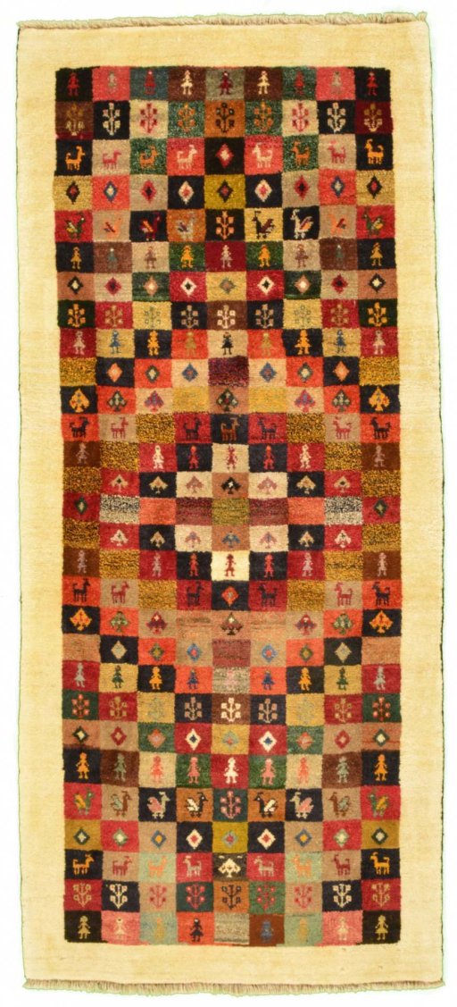 Full view of 2000s Persian Gabbeh rug from Iran / Persia, 199 × 87 cm in Multi Color tones