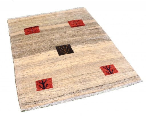 Corner detail of 2000s Persian Gabbeh rug showing border pattern and Wool pile