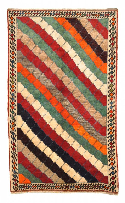 Full view of 2000s Persian Gabbeh rug from Iran / Persia, 197 × 119 cm in Multi Color tones
