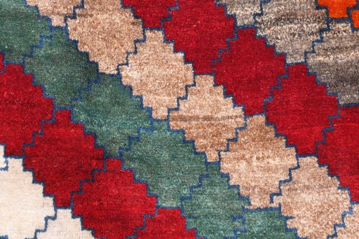 Backside of handmade 2000s Persian Gabbeh rug showing knot structure and weave density