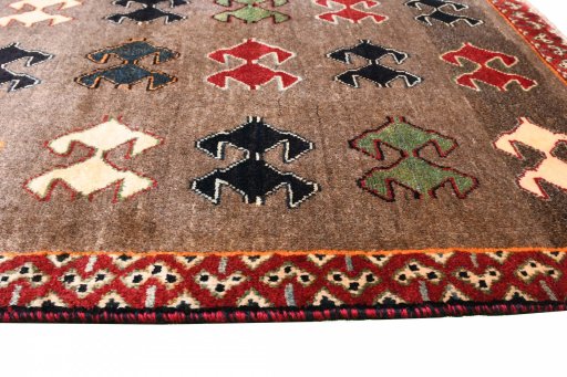 Close-up detail of 2000s Persian Gabbeh rug from Iran / Persia showing Wool weave