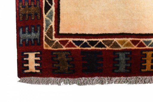 Full view of 2000s Persian Gabbeh rug from Iran / Persia, 160 × 107 cm in Beige tones