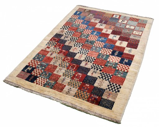 Close-up detail of 2000s Persian Gabbeh rug from Iran / Persia showing Wool weave