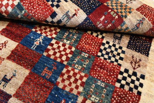 Full view of 2000s Persian Gabbeh rug from Iran / Persia, 151 × 109 cm in Multi Color tones