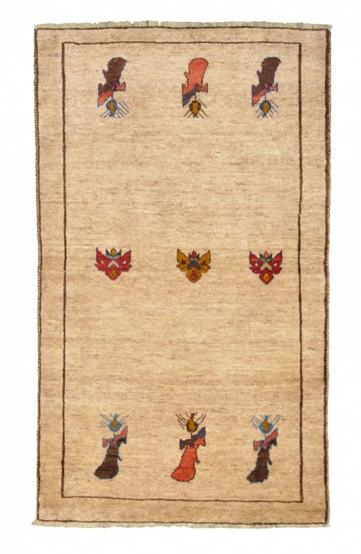Full view of 2000s Persian Gabbeh rug from Iran / Persia, 174 × 101 cm in Beige tones