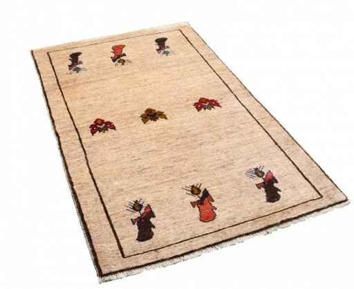 Corner detail of 2000s Persian Gabbeh rug showing border pattern and Wool pile