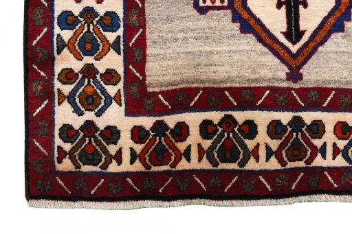 Full view of 2000s Persian Gabbeh rug from Iran / Persia, 256 × 142 cm in Beige tones