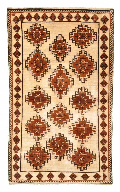 Full view of 2000s Persian Gabbeh rug from Iran / Persia, 198 × 118 cm in Beige tones