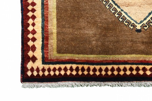 Full view of 1970s Persian Gabbeh rug from Iran / Persia, 164 × 120 cm in Brown tones