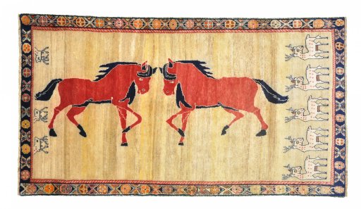 Full view of 1970s Persian Gabbeh rug from Iran / Persia, 233 × 125 cm in Beige tones