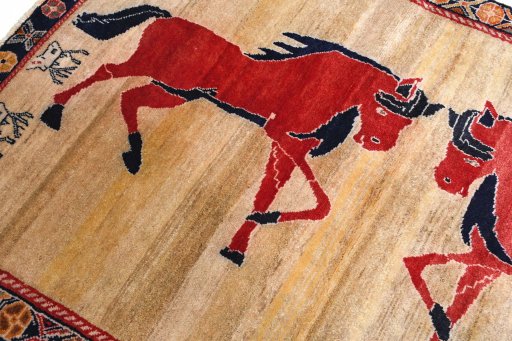 Close-up detail of 1970s Persian Gabbeh rug from Iran / Persia showing Wool weave