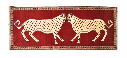 Full view of 2000s Persian Gabbeh rug from Iran / Persia, 217 × 85 cm in Red tones