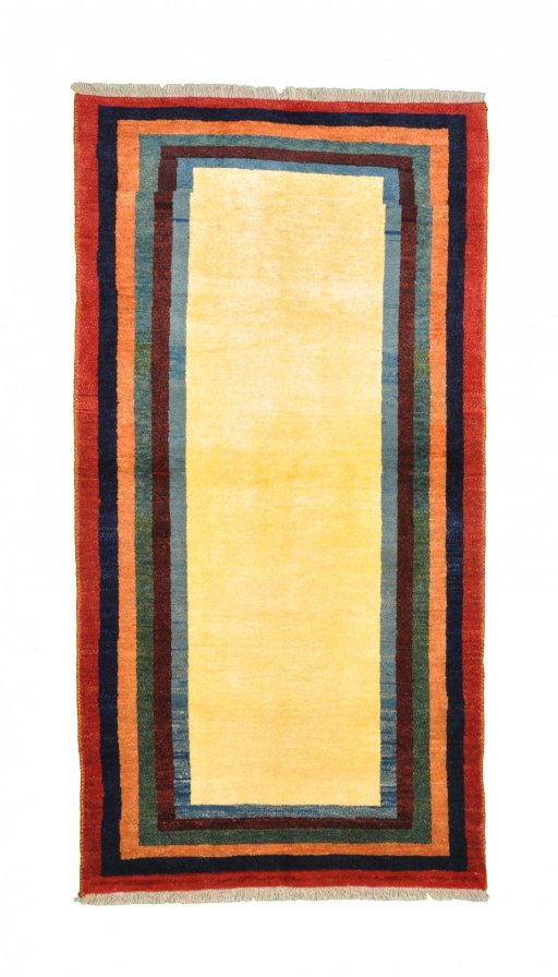 Full view of 2000s Persian Gabbeh rug from Iran / Persia, 196 × 102 cm in Beige tones