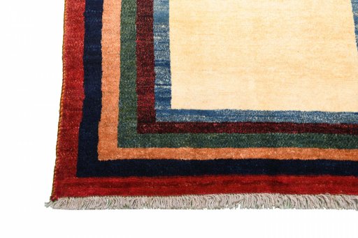 Full view of 2000s Persian Gabbeh rug from Iran / Persia, 196 × 102 cm in Beige tones