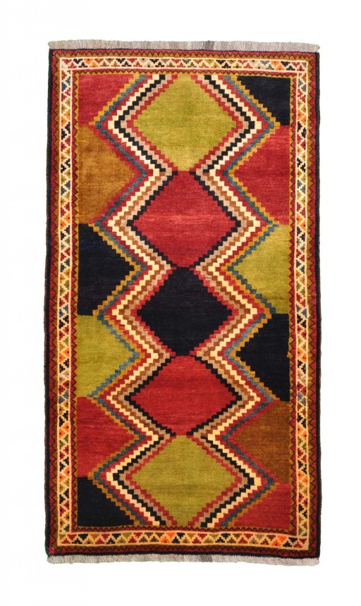 Full view of 2000s Persian Gabbeh rug from Iran / Persia, 200 × 108 cm in Multi Color tones