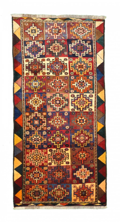 Full view of 2000s Persian Gabbeh rug from Iran / Persia, 210 × 100 cm in Multi Color tones