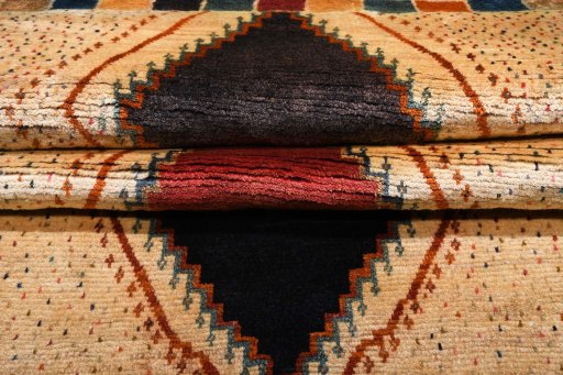 Close-up detail of 2000s Persian Gabbeh rug from Iran / Persia showing Wool weave