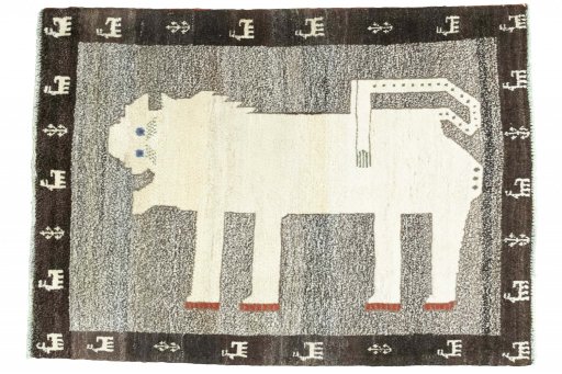 Full view of 2000s Persian Gabbeh rug from Iran / Persia, 142 × 102 cm in Gray tones