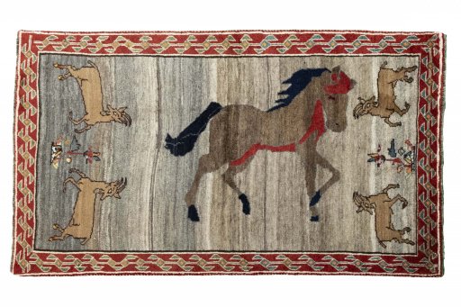 Full view of 2000s Persian Gabbeh rug from Iran / Persia, 196 × 110 cm in Beige tones