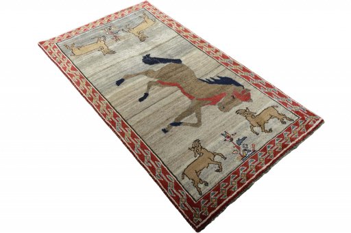 Close-up detail of 2000s Persian Gabbeh rug from Iran / Persia showing Wool weave