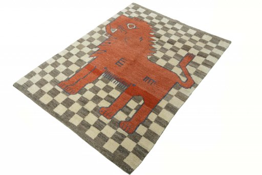 Corner detail of New Persian Gabbeh rug showing border pattern and Wool pile