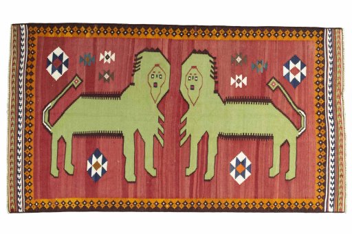 Full view of 2000s Persian Gabbeh rug from Iran / Persia, 251 × 141 cm in Red tones