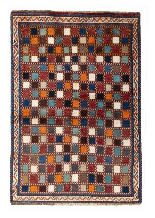 Full view of 2000s Persian Gabbeh rug from Iran / Persia, 155 × 105 cm in Multi Color tones