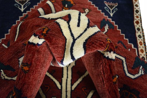 Corner detail of 2000s Persian Gabbeh rug showing border pattern and Wool pile