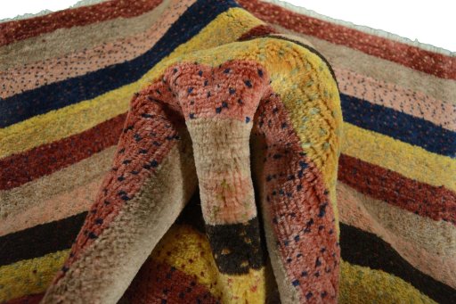 Corner detail of New Persian Gabbeh rug showing border pattern and Wool pile