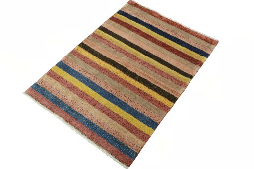 Corner detail of New Persian Gabbeh rug showing border pattern and Wool pile