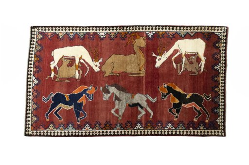 Full view of 2000s Persian Gabbeh rug from Iran / Persia, 215 × 121 cm in Red tones