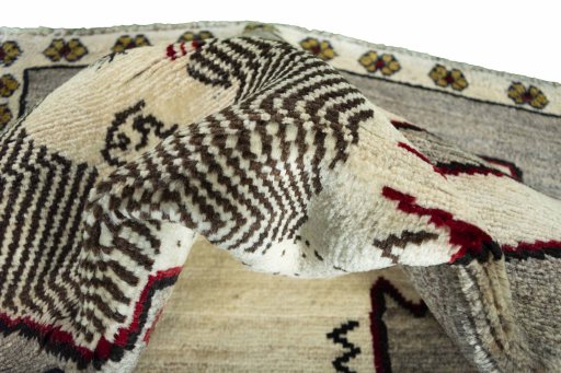 Full view of 2000s Persian Gabbeh rug from Iran / Persia, 144 × 104 cm in Gray tones