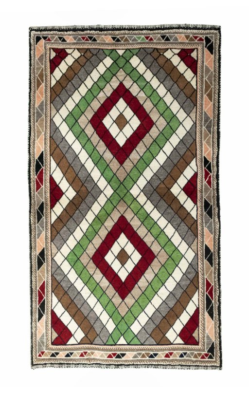 Full view of 2000s Persian Gabbeh rug from Iran / Persia, 211 × 116 cm in Multi Color tones