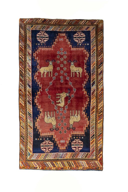 Full view of 2000s Persian Gabbeh rug from Iran / Persia, 232 × 130 cm in Red tones