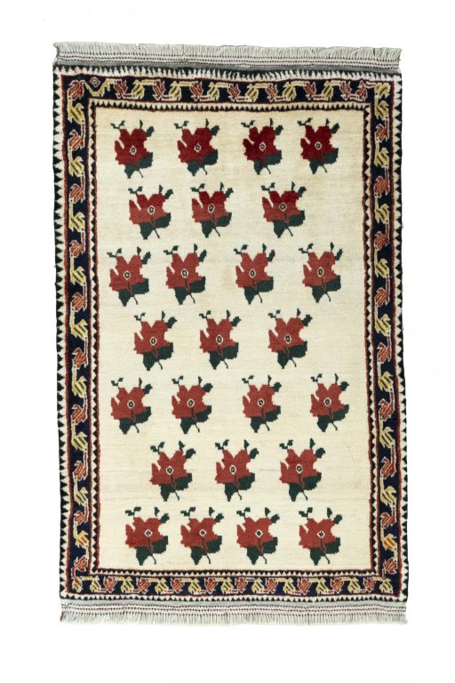 Full view of 2000s Persian Gabbeh rug from Iran / Persia, 133 × 86 cm in Beige tones